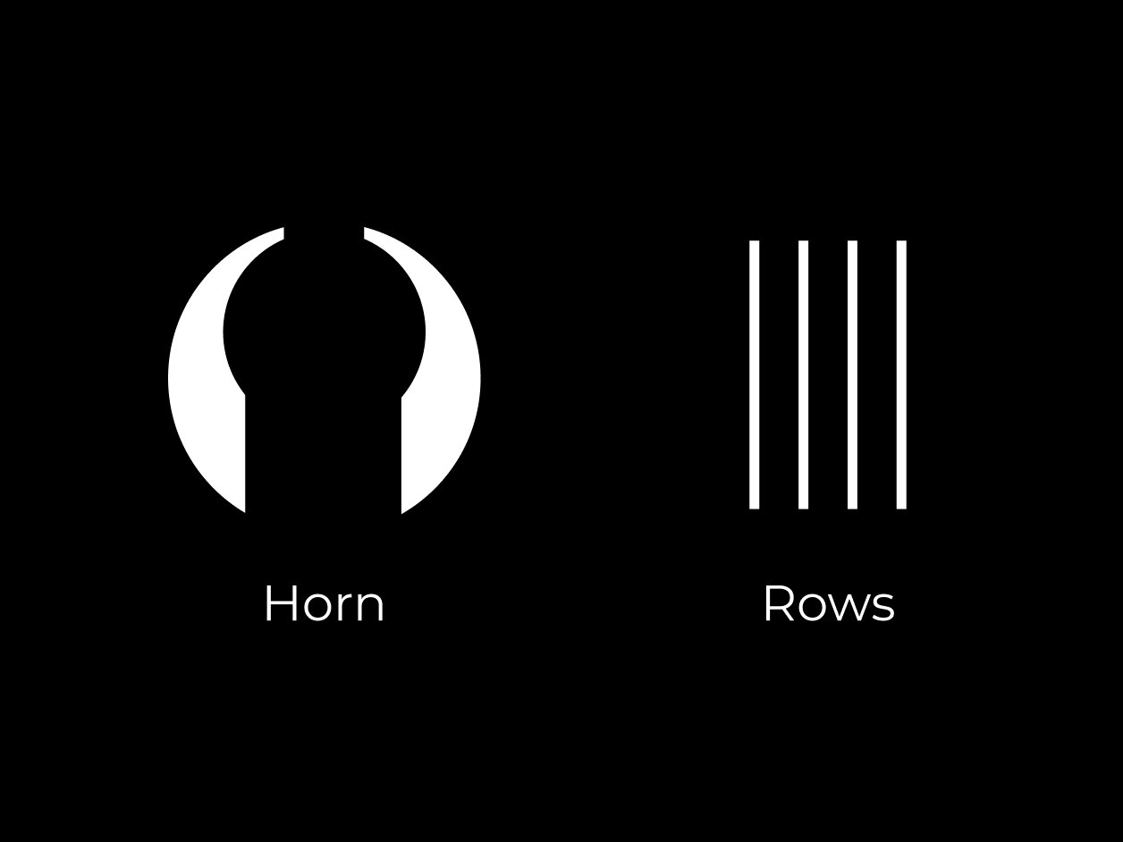 Oxrow logomark elements — Horn and Rows